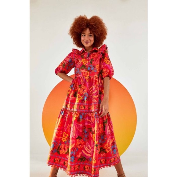 FARM RIO Red Spring Bananas Ruffle Shoulder Midi Dress - Picture 1 of 8